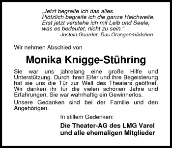 Traueranzeige von Monika Knigge-Stühring von Nordwest-Zeitung