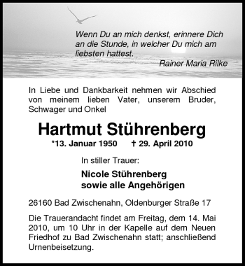 Traueranzeige von Hartmut Stührenberg von Nordwest-Zeitung