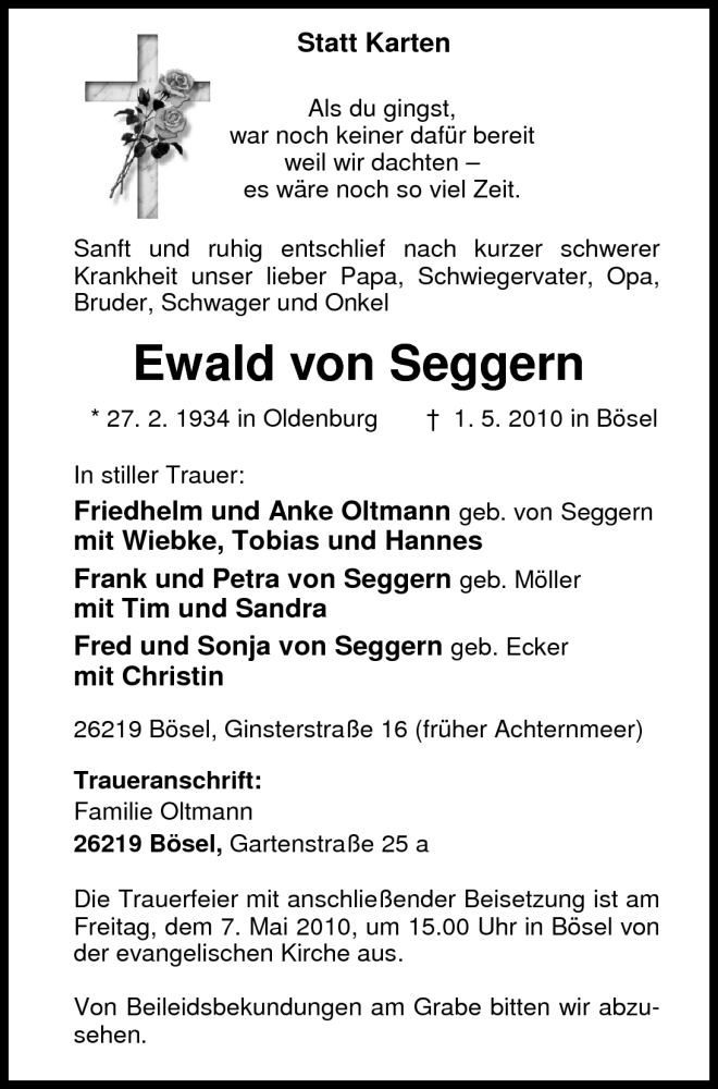  Traueranzeige für Ewald von Seggern vom 04.05.2010 aus Nordwest-Zeitung