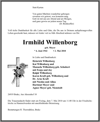 Traueranzeige von Irmhild Willenborg von Nordwest-Zeitung