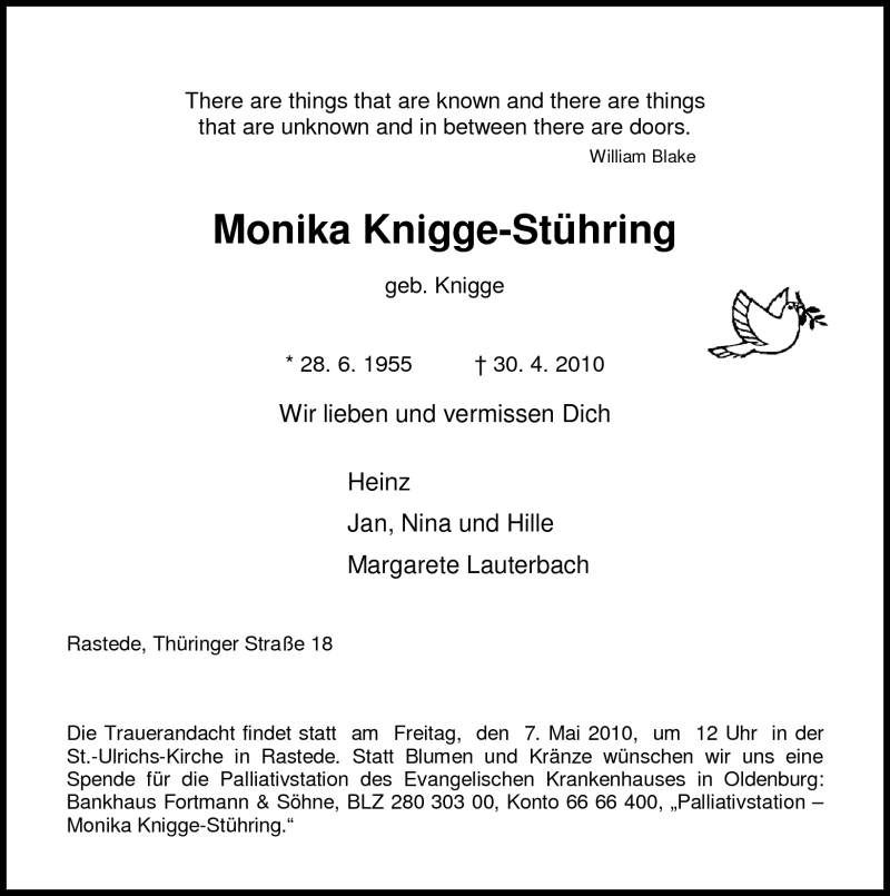  Traueranzeige für Monika Knigge-Stühring vom 04.05.2010 aus Nordwest-Zeitung