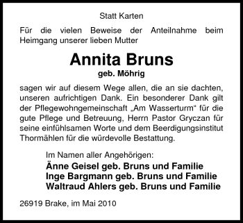 Traueranzeige von Annita Bruns von Nordwest-Zeitung