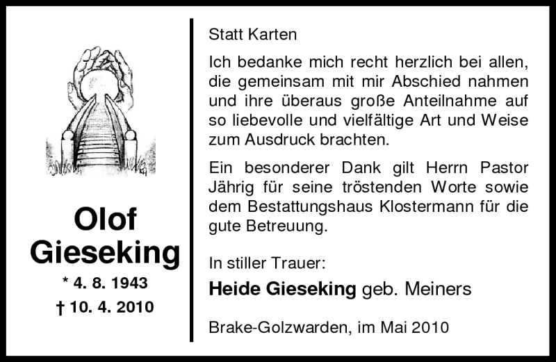  Traueranzeige für Olof Gieseking vom 05.05.2010 aus Nordwest-Zeitung