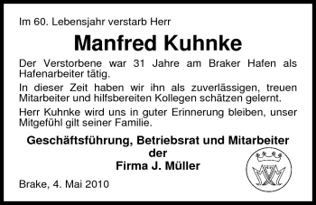 Traueranzeige von Manfred Kuhnke von Nordwest-Zeitung