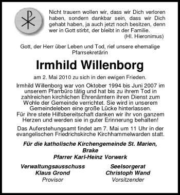 Traueranzeige von Irmhild Willenborg von Nordwest-Zeitung