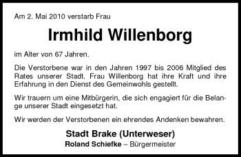 Traueranzeige von Irmhild Willenborg von Nordwest-Zeitung