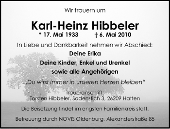 Traueranzeige von Karl-Heinz Hibbeler von Nordwest-Zeitung