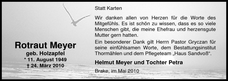  Traueranzeige für Rotraut Meyer vom 10.05.2010 aus Nordwest-Zeitung
