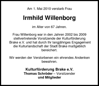 Traueranzeige von Irmhild Willenborg von Nordwest-Zeitung