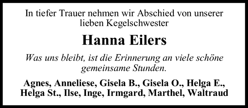  Traueranzeige für Hanna Eilers vom 08.05.2010 aus Nordwest-Zeitung