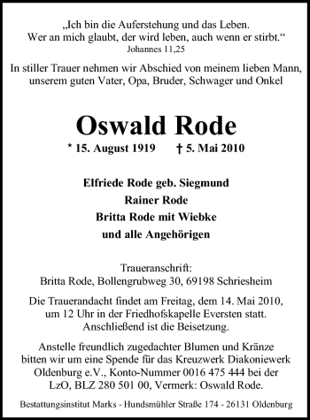 Traueranzeige von Oswald Rode von Nordwest-Zeitung