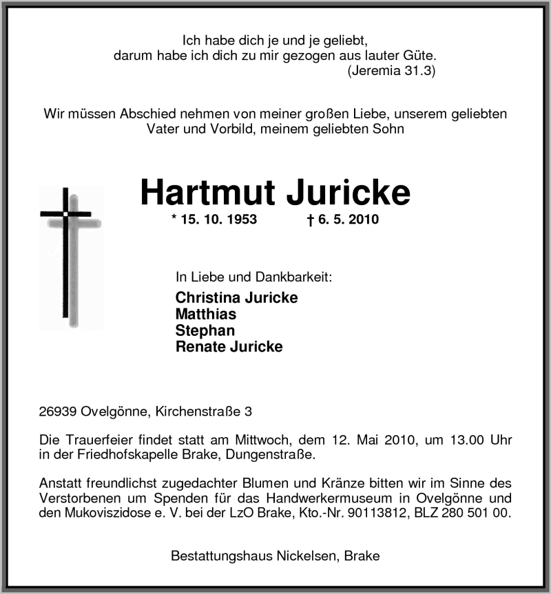  Traueranzeige für Hartmut Juricke vom 08.05.2010 aus Nordwest-Zeitung