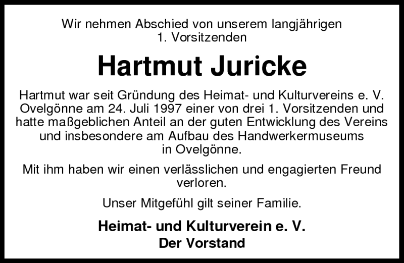  Traueranzeige für Hartmut Juricke vom 10.05.2010 aus Nordwest-Zeitung