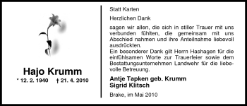 Traueranzeige von Hajo Krumm von Nordwest-Zeitung