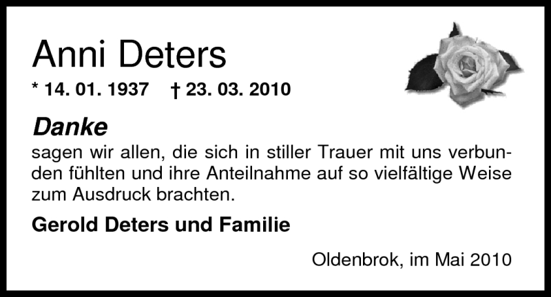  Traueranzeige für Anni Deters vom 12.05.2010 aus Nordwest-Zeitung