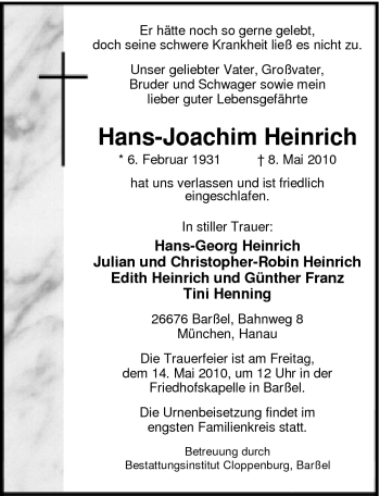 Traueranzeige von Hans-Joachim Heinrich von Nordwest-Zeitung