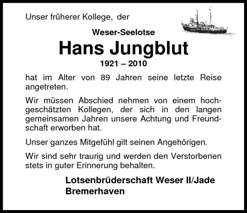  Traueranzeige für Hans-Walter Jungblut vom 22.05.2010 aus Nordwest-Zeitung