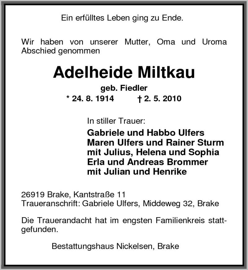  Traueranzeige für Adelheide Miltkau vom 11.05.2010 aus Nordwest-Zeitung