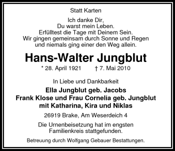 Traueranzeige von Hans-Walter Jungblut von Nordwest-Zeitung