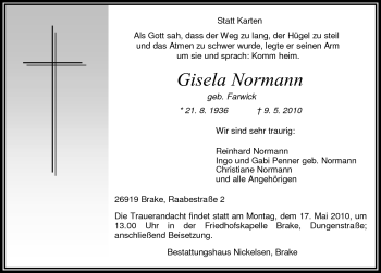 Traueranzeige von Gisela Normann von Nordwest-Zeitung