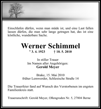Traueranzeige von Werner Schimmel von Nordwest-Zeitung