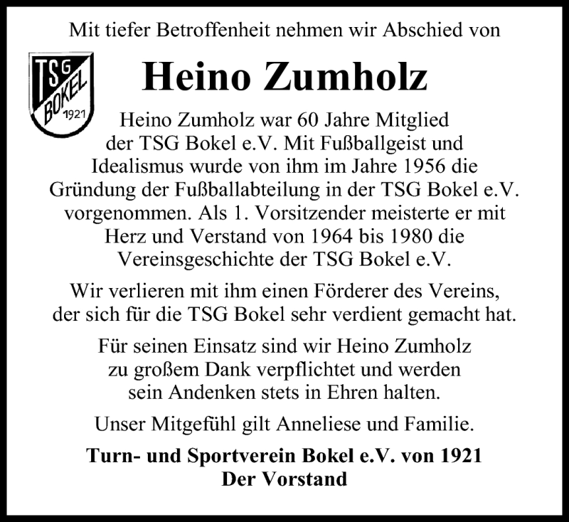 Traueranzeige für Heino Zumholz vom 15.05.2010 aus Nordwest-Zeitung