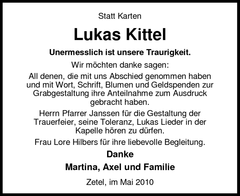  Traueranzeige für Lukas Kittel vom 15.05.2010 aus Nordwest-Zeitung