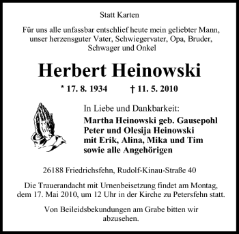Traueranzeige von Herbert Heinowski von Nordwest-Zeitung