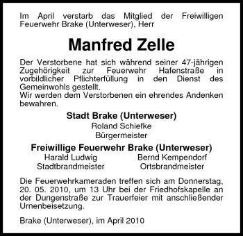 Traueranzeige von Manfred Zelle von Nordwest-Zeitung
