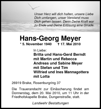 Traueranzeige von Hans-Georg Meyer von Nordwest-Zeitung