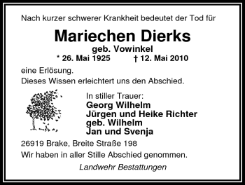 Traueranzeige von Mariechen Dierks von Nordwest-Zeitung