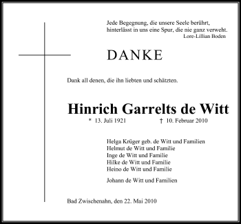 Traueranzeige von Hinrich Garrelts de Witt von Nordwest-Zeitung