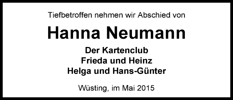  Traueranzeige für Johanna Neumann vom 16.05.2015 aus Nordwest-Zeitung
