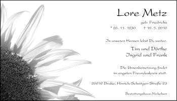 Traueranzeige von Lore Metz von Nordwest-Zeitung