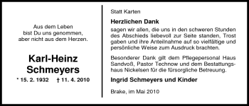 Traueranzeige von Karl-Heinz Schmeyers von Nordwest-Zeitung