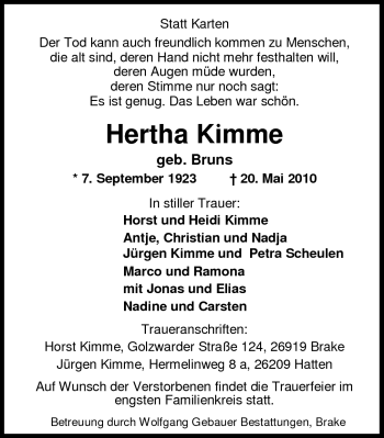 Traueranzeige von Hertha Kimme von Nordwest-Zeitung