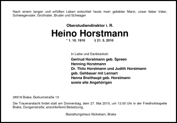 Traueranzeige von Heino Horstmann von Nordwest-Zeitung