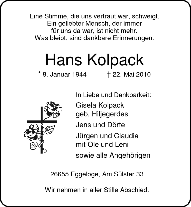  Traueranzeige für Hans Kolpack vom 25.05.2010 aus Nordwest-Zeitung