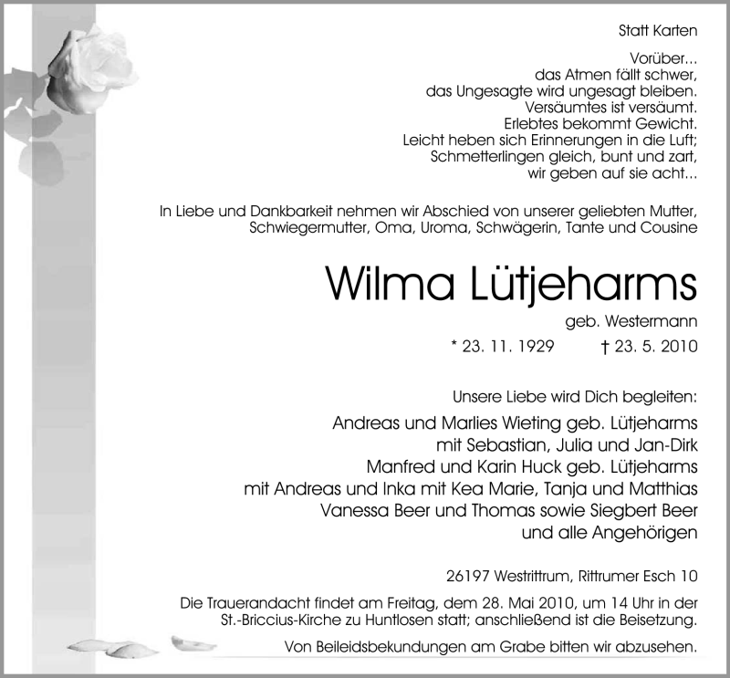  Traueranzeige für Wilma Lütjeharms vom 25.05.2010 aus Nordwest-Zeitung