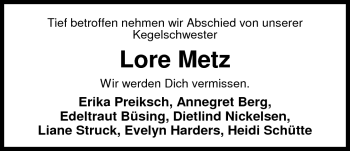 Traueranzeige von Lore Metz von Nordwest-Zeitung
