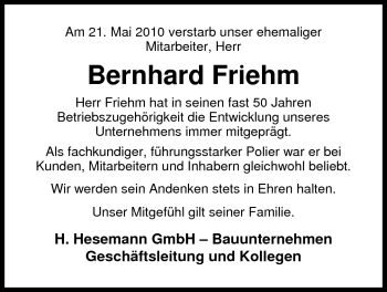 Traueranzeige von Bernhard Friehm von Nordwest-Zeitung