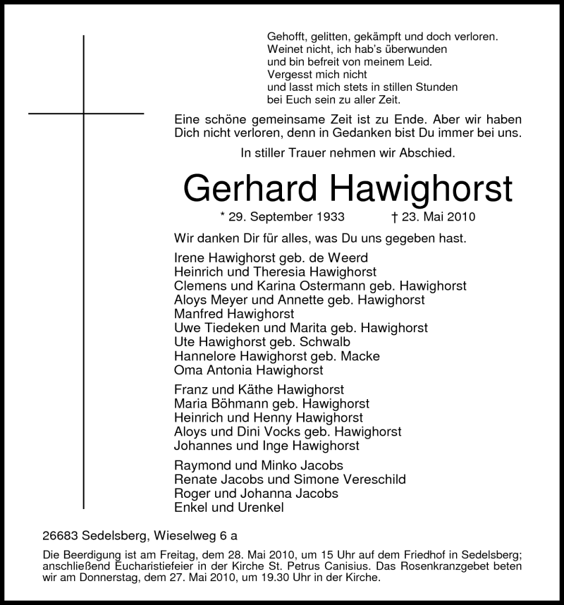  Traueranzeige für Gerhard Hawighorst vom 26.05.2010 aus Nordwest-Zeitung