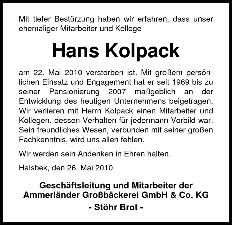  Traueranzeige für Hans Kolpack vom 26.05.2010 aus Nordwest-Zeitung