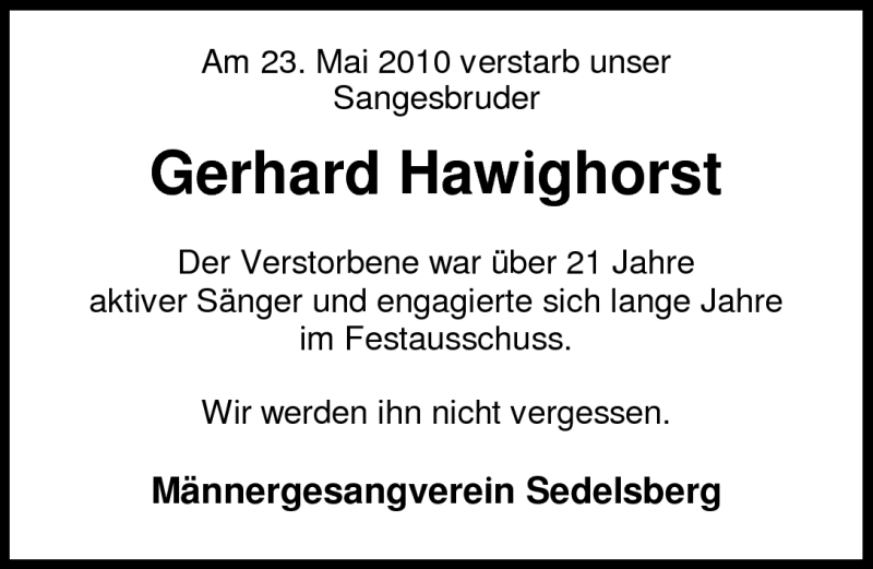  Traueranzeige für Gerhard Hawighorst vom 26.05.2010 aus Nordwest-Zeitung