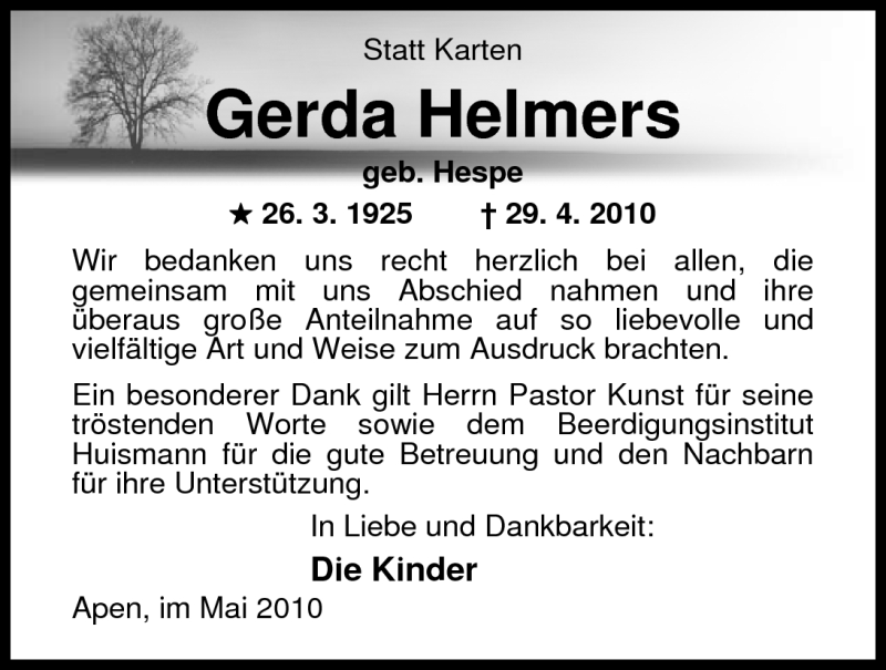  Traueranzeige für Gerda Helmers vom 29.05.2010 aus Nordwest-Zeitung