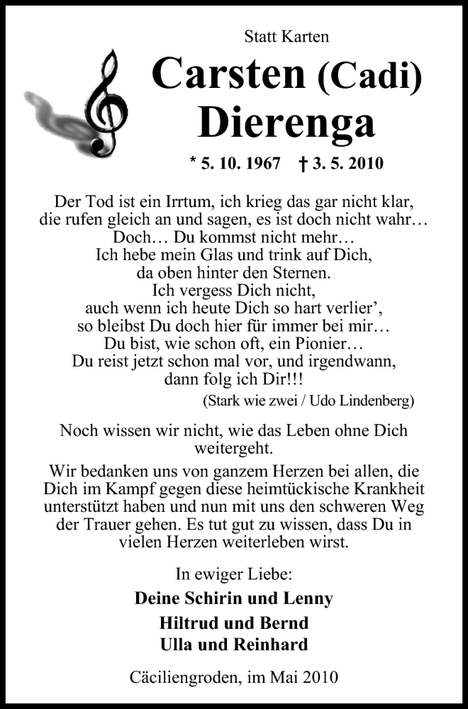  Traueranzeige für Carsten Dierenga vom 28.05.2010 aus Nordwest-Zeitung