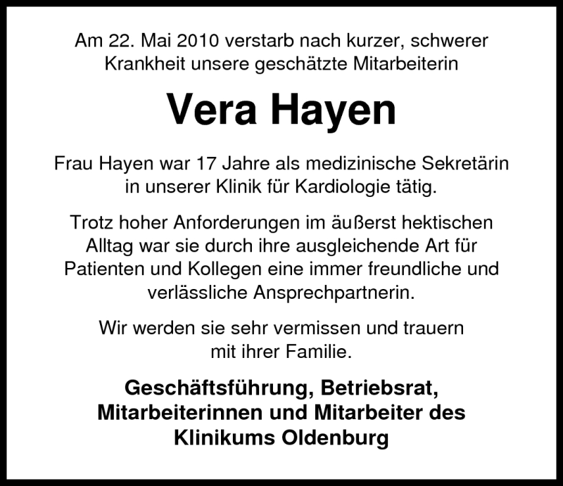  Traueranzeige für Vera Hayen vom 02.06.2010 aus Nordwest-Zeitung