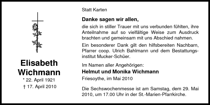  Traueranzeige für Elisabeth Wichmann vom 27.05.2010 aus Nordwest-Zeitung