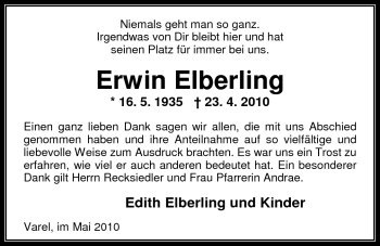 Traueranzeige von Erwin Elberling von Nordwest-Zeitung