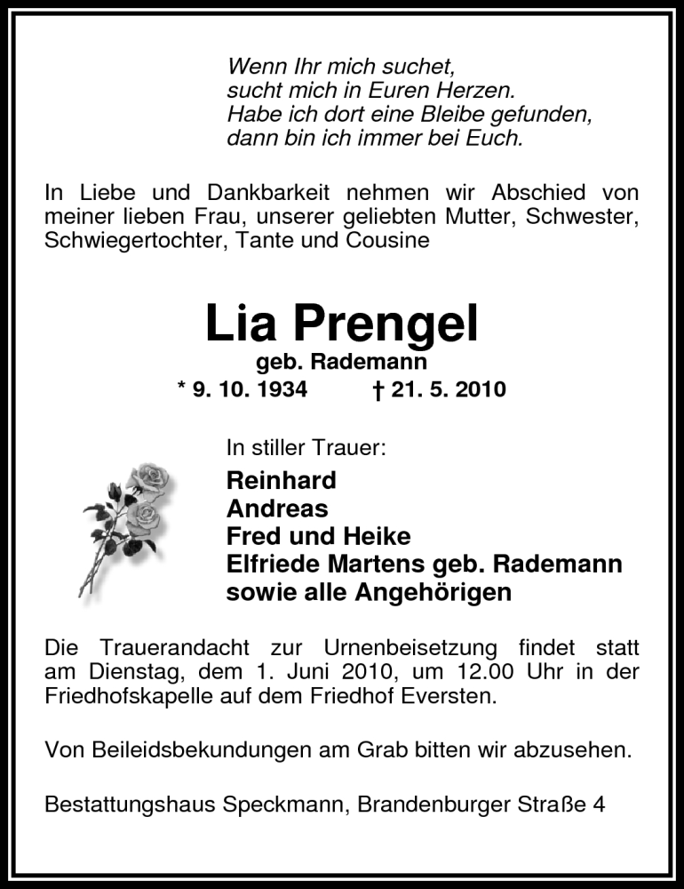  Traueranzeige für Lia Prengel vom 27.05.2010 aus Nordwest-Zeitung